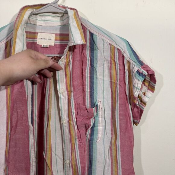 American Eagle Striped Lightweight Oversized Button Up Short Sleeve Shirt - Picture 3 of 5